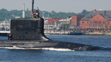 The Virginia-class attack submarine USS New Hampshire (SSN 778) transits the Thames River as it returns to Naval Submarine Base New London following a scheduled underway. (U.S. Navy photo by Mass Communication Specialist 1st Class Jason J. Perry/Released)