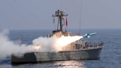 This image provided by the Iranian Army in September 2020 shows a Nasr missile fired from a ship during the second day of a military exercise in the Gulf, near the strategic Strait of Hormuz