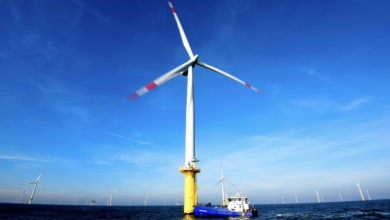 An offshore windfarm near the Heligoland archipelago in the North Sea