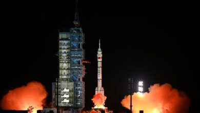 A Long March-2F rocket, carrying the Shenzhou-15 spacecraft with three astronauts to China's Tiangong space station, lifts off from the Jiuquan Satellite Launch Center in northwest China's Gansu province.