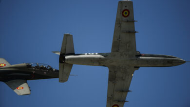 Two Romanian air force IAR-99 Hawks, fly information over head during an air show at Campia Turzii, Romania, July 29, 2017. The air show featured Florida and Louisiana Air National Guard F-15 Eagles, Romanian Mig-21 jet aircraft, IAR 330 helicopters, F-16 Fighting Falcons, tanks, and Humvee's. (U.S. Air Force photo by Staff Sgt. Jonathan Snyder)