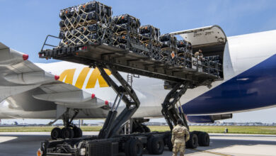 436th Aerial Port Squadron Airmen load cargo being delivered to Ukraine onto a contracted aircraft at Dover Air Force Base, Delaware, June 16, 2020. Contracted aircraft stopped at Dover AFB to pick up cargo as part of a foreign military sales project. The U.S. is committed to the sovereignty and territorial integrity of Ukraine. The two countries continue to strengthen their partnership first initiated in 1993. (U.S. Air Force photo by Senior Airman Christopher Quail)