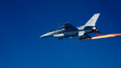 F-16C Fighting Falcon firing an AGM-88 high-speed antiradiation missile at a target during a test mission