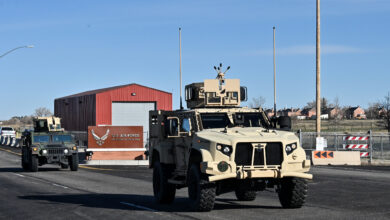 Airmen from the 90th Missile Security Forces Squadron depart F.E. Warren Air Force Base, Wyoming, for the first operational Joint Light Tactical Vehicle mission supporting maintenance at a launch facility near Harrisburg, Nebraska, April 24, 2023. This is the first step in modernizing the security forces vehicle fleet to provide more lethality and security for the nuclear enterprise. (Air Force photo by Joseph Coslett Jr.)