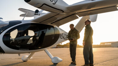 Two U.S. Air Force pilots inspect Joby’s eVTOL aircraft in advance of remotely piloted flights. Photo: Joby Aviation