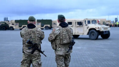 Danish soldiers patrol the area of the port of Aarhus, Denmark