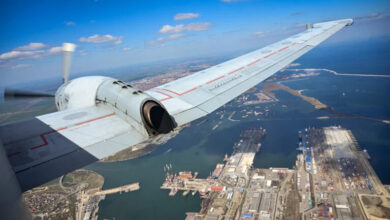 The Black Sea harbour of Constanta is seen from one of the windows of the ATL2 Atlantique 2 airplane over the Black Sea during the Sea Shield 2023 military exercise, Romania, on March 30, 2023