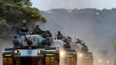 Taiwanese soldiers operating tanks during a drill in an undisclosed location in Taiwan