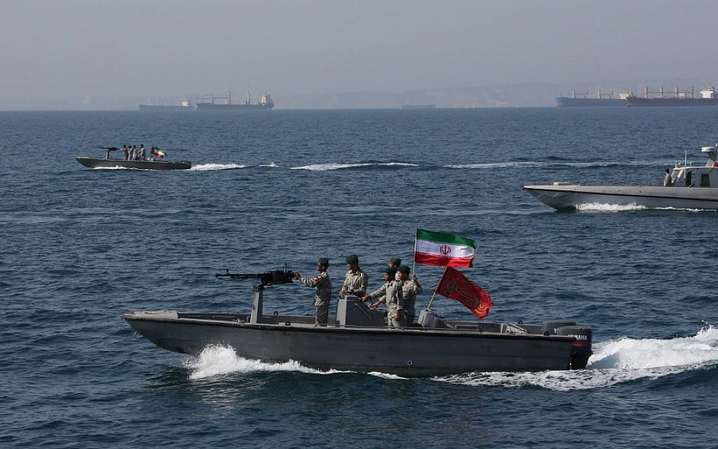 Iranian soldiers take part in the National Persian Gulf Day in the Strait of Hormuz