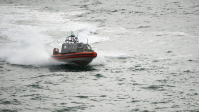 A Coast Guard small boat crew from the Coast Guard Cutter Bertholf operates a Long Range Interceptor in the Arctic Ocean, Sept. 1, 2012. The LRI has an enclosed cabin that protects the crew and enables them to stay out of the weather elements in order to stay on scene longer. The Bertholf crew is deployed in support of Operation Arctic Shield, during which the Coast Guard will test its Arctic capabilities while building partnerships with local communities to perform its maritime safety, maritime security and stewardship missions. (U.S. Coast Guard photo by Petty Officer 1st Class Timothy Tamargo)