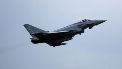 A Typhoon jet takes off from the RAF's Coningsby base in Lincolnshire, the UK