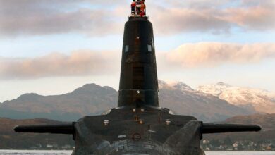 HMS Victorious, one of the Royal Navy's four strategic missile submarines. Departs HM Naval Base Clyde, Faslane, for a major refit at Devonport.