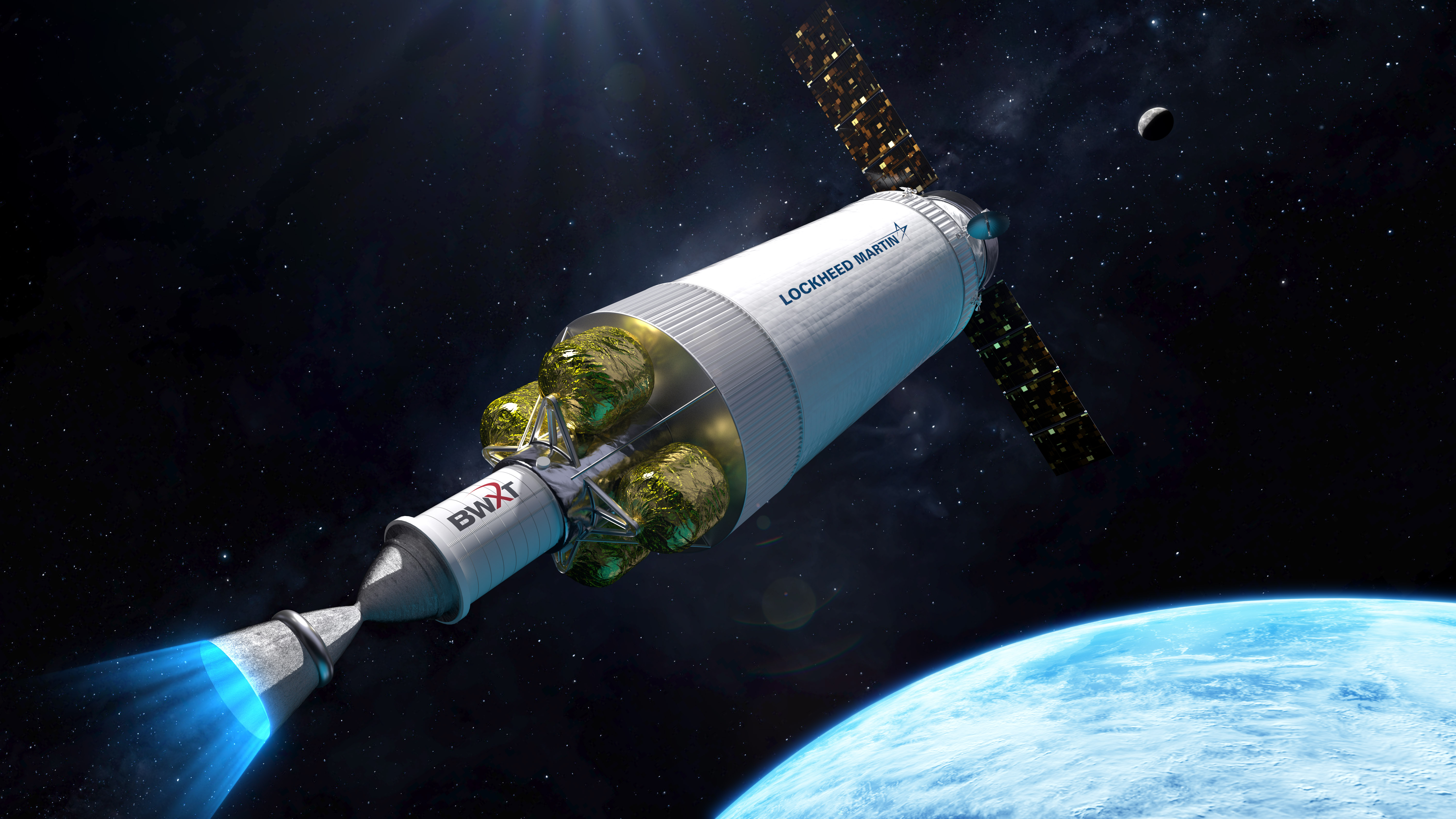 Illustration of a the DRACO spacecraft being developed by Lockheed Martin for DARPA that will demonstrate thermal nuclear engine technology.