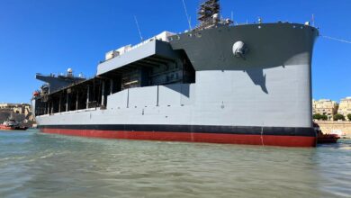 VALLETTA, Malta – The Lewis B. Puller-class expeditionary sea base USS Hershel “Woody” Williams (ESB 4) undocks during its first Regular Overhaul (ROH), a planned maintenance period, in the European area of operations at Palumbo Shipyard Malta. ROHs are routine, planned maintenance periods providing necessary repairs, maintenance and modernization for the ship to operate at full technical capacity and mission capability for its entire designed service life.
