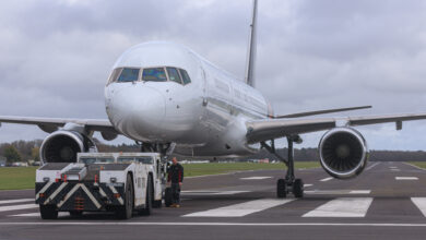 The 757 aircraft which will be modified into Excalibur (tail number G-POWH 3 upon arrival, now G-FTAI) lands at 2Excel’s facility in Lasham, Hampshire.