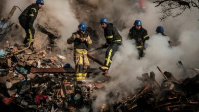 destroyed building after an attack in Kyiv
