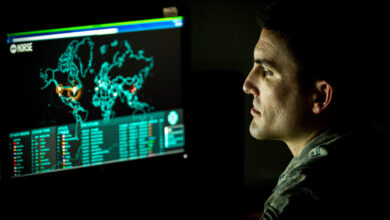 Cyber warfare operations journeyman assigned to the 175th Cyberspace Operations Group of the Maryland Air National Guard monitors live cyber attacks