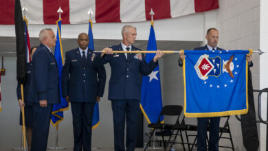 The 179th Airlift Wing, an Ohio Air National Guard unit, is redesignated as the 179th Cyberspace Wing during a ceremony held Sept. 9, 2023, at Mansfield-Lahm Air National Guard Base, Mansfield, Ohio. The redesignation is historically significant as the first Air National Guard base in the nation to become a cyberspace wing. (U.S. Air National Guard photo by Tech Sgt. Alexis Wade)
