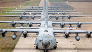 Maintenance and aircrew Airmen assigned to the 139th Airlift Wing, Missouri Air National Guard, conducted a mass generation of seven C-130 Hercules aircraft at Rosecrans Air National Guard base, St. Joseph, Missouri, October 14, 2023. Some of the aircraft conducted airdrops at Rosecrans and some aircraft conducted a flyover at a Missouri Western State University football game. (U.S. Air National Guard photo by Senior Master Sgt. Michael Crane)