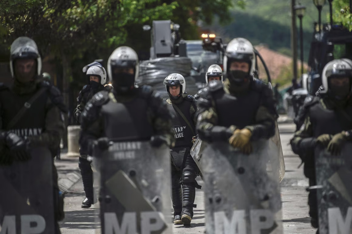 NATO soldiers and International military police secure the area near Zvecan, northern Kosovo