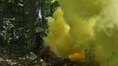 U.S. Army Pfc. Saul Hernandez, assigned to Alpha Company, 3rd Battalion, 172nd Infantry Regiment, 86th Infantry Brigade Combat Team (Mountain), Vermont National Guard, waits while smoke from a grenade creates cover, Camp Ethan Allen Training Site, Jericho, Vt., June 15, 2016. Hernandez is running through an assault lane as part of a buddy-team exercise, during the unit’s two-week annual training. (U.S. Air National Guard photo by Tech. Sgt. Sarah Mattison/Released)