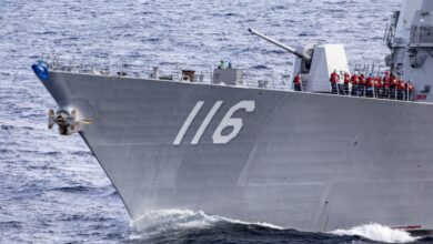 The Arleigh Burke-class guided-missile destroyer USS Thomas Hudner (DDG 116) transits the Atlantic Ocean