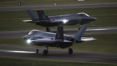 No 3 Squadron Joint Strike fighters A35-09 and A35-11 taxi out for a night sortie from RAAF Base Williamtown. *** Local Caption *** Two F-35A Joint Strike Fighter aircraft from No. 3 Squadron conducted night flying at RAAF Base Williamtown as part of pilot familiarisation training.