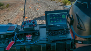 An AT&T civilian contractor monitors the status interface of a "Cell on Wings" drone in order to provide 5G connectivity to participants of the Advanced Battle Management Systems (ABMS) Onramp 2 at White Sands Missile Range, New Mexico on Aug. 27, 2020. The Advanced Battle Management System (ABMS) is an interconnected battle network - the digital architecture or foundation - which collects, processes and shares data relevant to warfighters in order to make better decisions faster in the kill chain. In order to achieve all-domain superiority, it requires that individual military activities not simply be de-conflicted, but rather integrated – activities in one domain must enhance the effectiveness of those in another domain. (U.S. Air Force photo by SSgt Charlye Alonso)