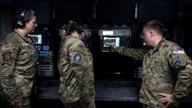 Service members from the U.S. Space Force and U.S. Air Force demonstrate the functionality of range equipment at Peterson Space Force Base, Colorado, Aug. 16, 2022. As part of a counterspace combined arms training event, two range squadrons, the U.S. Space Force’s 25th Space Range Squadron assigned to Delta 11, and the U.S. Air Force Reserve’s 379th Space Range Squadron, supported training for the USSF’s 4th Electronic Warfare Squadron and integrated an additional service partner unit for the first time. (U.S. Air Force photo by 1st Lt Charles Rivezzo)