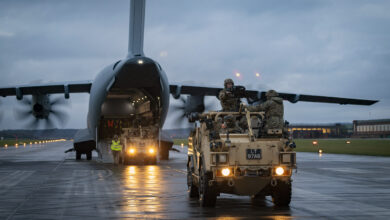 Jackal 2 Reconnaissance vehicles and their crew from the 1st Battalion, The Royal Irish Regiment, drove off the Royal Air Force (RAF) ATLAS C.1 (A400M) aircraft after a Rapid Air Landing (RAL) at RAF Shawbury on Exercise Pegasus Clover on the 12th of December 2023. 1st Battalion The Royal Irish Regiment (1 R IRISH) worked with an RAF ATLAS C.1 aircraft at RAF Shawbury to develop their airlanding skills. Troops loaded and secured Land rovers on the aircraft, and then took flight to practise getting off the aircraft and into the fight as fast as possible. The skills learnt on Exercise Pegasus Clover are vital for the unit in its role in 16 Air Assault Brigade, the British Army’s global response force. The brigade is trained and equipped to be ready to deploy by air at short notice to respond to international crises, from evacuations to warfighting. 1 R IRISH, based at Clive Barracks in Tern Hill, serves in 16 Air Asslt Bde as light recce strike infantry, a new concept that the unit is currently developing. The intent is to provide a highly mobile force that can seek out battle winning information, while having the firepower to hit the enemy hard. It has the flexibility to deploy onto operations by airlanding or driving, as well as conducting helicopter operations.