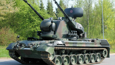 A Gepard anti-aircraft gun system is seen parked on the side of an asphalt road. The tank is painted with a dark green and brown camouflage. Its two gun barrels are pointed to the upper-left, angled at around 45 degrees. The background is a landscape of green-leaved trees.