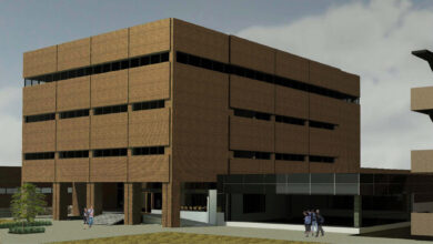 This rendering shows the location of the new AIMR-2C, or Artificial Intelligence and Machine Learning Research Center Capability Project, adjacent to the main entrance of building 653 at Wright-Patterson Air Force Base, Dayton, Ohio. The AIMR-2C will be a 6,000-square-foot lab space dedicated to interactive data visualization which was made possible by a $4 million Office of Secretary of Defense Centralized Laboratory Investment Program award. (U.S. Air Force illustration)