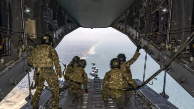 On 09 April 2024, UK Armed Forces load Container Delivery Systems (CDS) with Humanitarian Aid as part of the action to address the plight of the Palestinian people. Army personnel from 47 Air Despatch Squadron load aid from Jordan and the UK onto an RAF A400M Atlas from RAF Brize Norton. 12000 Kgs of aid was dropped into Northern Gaza after an assessed reduction in threat to the military mission and risk to civilian life. The Royal Air Force participated in a large-scale international aid airdrop into Gaza on Tuesday (9 April 2024) to coincide with Eid al-Fitr, marking the end of Ramadan. This was the largest airdrop of aid into Gaza on a single day and the culmination of careful planning alongside international partners to ensure the complex mission could be conducted safely and effectively. Led by the Jordanian Armed Forces, the international operation saw 10 nations and 16 aircraft (to check)  including UK, Germany, Egypt, the United Arab Emirates, the United States and Jordan (to check)  drop essential aid.