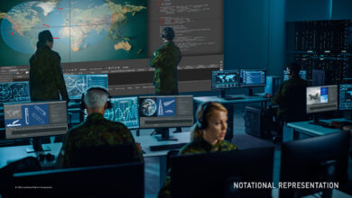 Notational representation of the Command and Control, Battle Management and Communications (C2BMC) system. Four soldiers are seen stationed in front of computers in desks. The computer screens display various kinds of graphs and figures. Two soldiers in the back are checking out similar graphs seen displayed on screens installed on the wall.