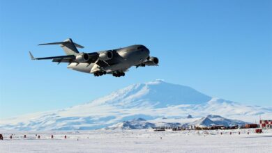 C-17 Globemaster III from Joint Base Lewis-McChord, Washington, prepares to land at Phoenix Airfield, Antarctica