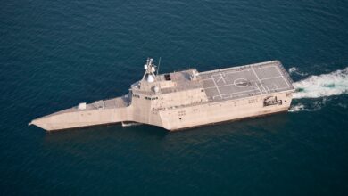 The littoral combat ship USS Independence (LCS 2) is underway in the Atlantic Ocean off the coast of Florida. Sailors assigned to Independence's Gold crew and embarked Mine Countermeasures Squadron, Detachment 1, departed Naval Station Mayport for the transit to San Diego after successfully completing testing on the mine countermeasures mission package.