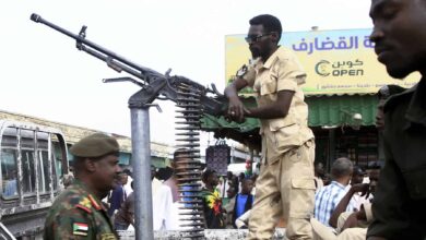 Sudanese security forces patrol in a commercial district in Gedaref city in eastern Sudan on April 3, 2024
