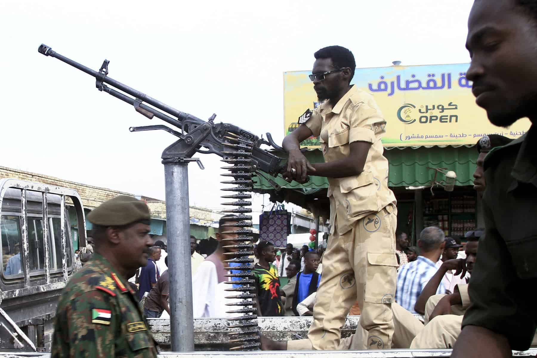 Sudanese security forces patrol in a commercial district in Gedaref city in eastern Sudan on April 3, 2024