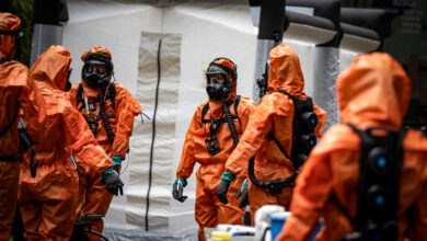 Soldiers in a Chemical, Biological, Radiological, and Nuclear (CBRN) training