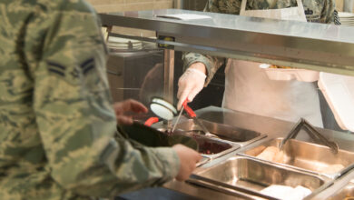 PETERSON AIR FORCE BASE, Colo. –Tech. Sgt. Oscar Santiago, 21st Force Support Squadron dining facility manager, serves a customer at the Aragon DFAC on Peterson Air Force Base, Colorado, Sept. 14, 2018. The food service specialists at the Aragon DFAC and surrounding bases underwent extensive culinary training Sept. 11-14, as part of the Department of Defense’s Go for Green initiative. (U.S. Air Force photo by Staff Sgt. Emily Kenney)