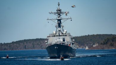 The future USS John Basilone transits the Kennebec River heading out to sea to conduct Bravo Trials.