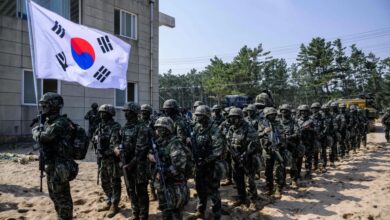 South Korean marines take part in the "Ssangyong 2023 Exercise" joint landing operation by US and South Korean Marines