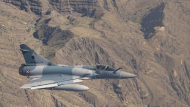 A French Air Force Mirage 2000 conducts training with U.S. Marines assigned to Marine Medium Tiltrotor Squadron 364 (VMM-364) over Djibouti, May 22, 2023. The U.S. marines partnered with the French Air Force to conduct defensive combat maneuver training to showcase and expand upon joint capabilities in order to build a more capable and cohesive force. (U.S. Air Force photo by Staff Sgt. Aaron Irvin)