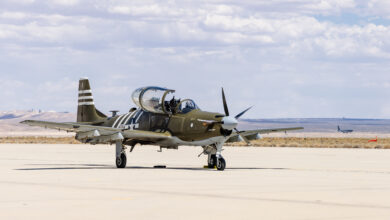 An A-29 Super Tucano arrives at Edwards Air Force Base, California, July 18, where it will join a unique fleet at the U.S. Air Force Test Pilot School. (Air Force photo by Lindsey Iniguez)