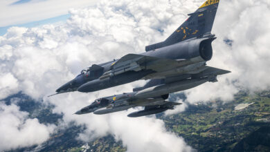 Colombian Air Force Kfirs fly over Colombia during Exercise Relampago VI, July 26, 2021. Relampago VI is a combined Colombian and U.S. exercise taking place in the U.S. Southern Command (SOUTHCOM) theater that focuses on techniques, tactics and procedures to strengthen the longstanding partnership between our armed forces. (U.S. Air Force photo by Senior Airman Duncan C. Bevan)