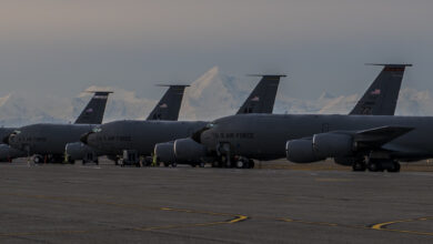 U.S. Air Force KC-135 Stratotankers assigned to the 168th Air Refueling Wing (ARW) sit on the flightline at Eielson Air Force Base, Alaska, Sept. 24, 2019. The 168th ARW is Pacific Air Forces’ only Arctic region refueling unit and it transfers more fuel than any other Air National Guard tanker wing. (U.S. Air Force photo by Airman 1st Class Aaron Larue Guerrisky)