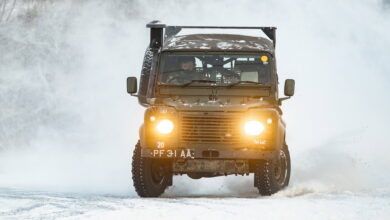 Pictured are Royal Marines conducting snow & ice driver training in a Land Rover Wolf 4x4 vehicle at the NAF (Norges Automobil-Forbund) circuit at Ovingsbane Bardu, Norway. 45 Commando (45 Cdo) are the UKs Cold Weather Warfare Specialists and have returned to the arctic to hone their warfighting skills in one of the most inhospitable environments. As the Lead Command Unit, 45 Cdo must be prepared to conduct Operations anywhere in the world. The Commandos were in the High North learning to be winter warriors conducting Arctic survival training in bitterly cold temperatures. The conditions are harsh around 200 miles inside the Arctic Circle, where the sun barely rises and temperatures plummet to below -30C. The Land Rover Wolf 4×4 is used as a light utility vehicle and has been adopted in a number of guises and body styles including fire engines, excavators, communication vehicle, ambulance, a lightweight model for air transport, snowplough, and six-wheel drive, amphibious and track-propelled versions.