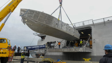 An unmanned surface vehicle is craned aboard the Independence-variant littoral combat ship USS Canberra (LCS 30), as a part of the first embarkation of the Mine Countermeasures (MCM) mission package, April 23. The MCM mission package is an integrated suite of unmanned maritime systems and sensors which locates, identifies, and destroys mines in the littorals while increasing the ship’s standoff distance from the threat area. Littoral Combat Ships are fast, optimally-manned, mission-tailored surface combatants that operate in near-shore and open-ocean environments, winning against 21st-century coastal threats. (U.S. Navy photo by Mass Communication Specialist 1st Class Vance Hand)