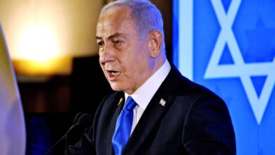 Israeli Prime Minister Benjamin Netanyahu speaks at a meeting of American Jewish organizations in Jerusalem, Israel, February 16, 2025. ( The Yomiuri Shimbun ) (Photo by Toshiyuki Fukushima / Yomiuri / The Yomiuri Shimbun via AFP)