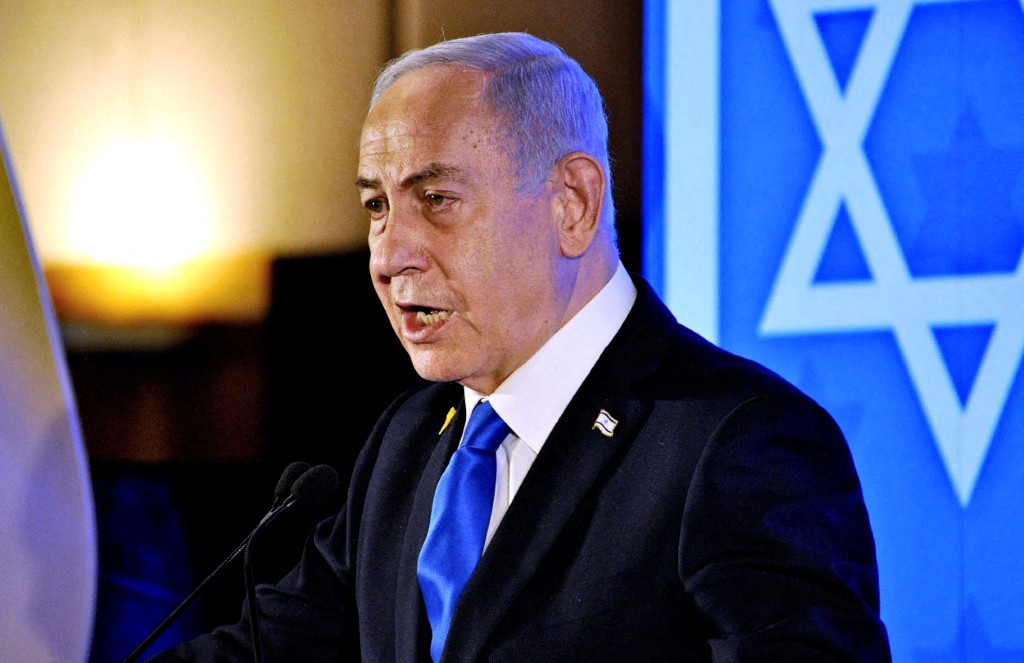 Israeli Prime Minister Benjamin Netanyahu speaks at a meeting of American Jewish organizations in Jerusalem, Israel, February 16, 2025. ( The Yomiuri Shimbun ) (Photo by Toshiyuki Fukushima / Yomiuri / The Yomiuri Shimbun via AFP)